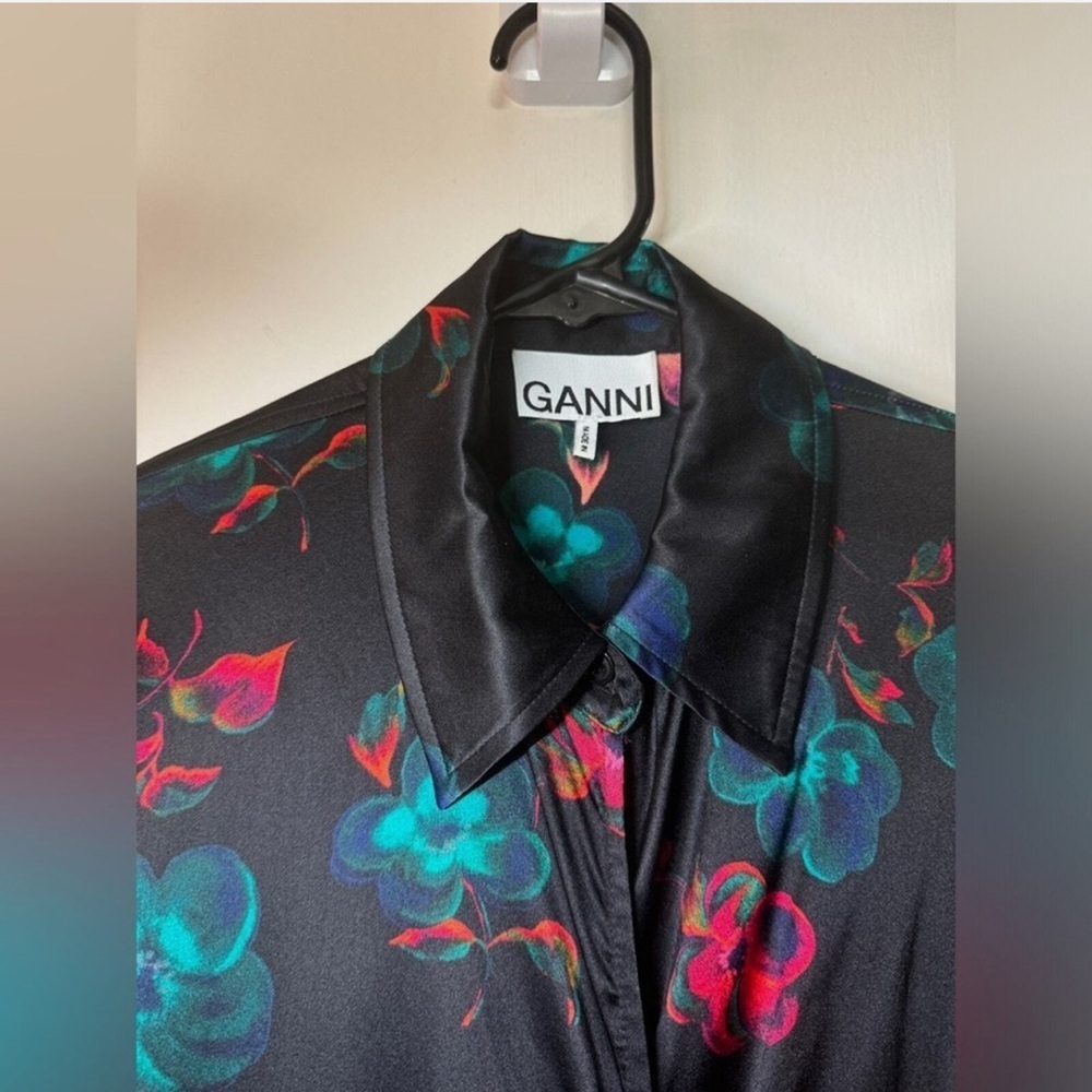 GANNI Black Silk Blend Red Blue Floral Long Puff Sleeves Wrap Mini Dress Size 42 - Picture 5 of 16